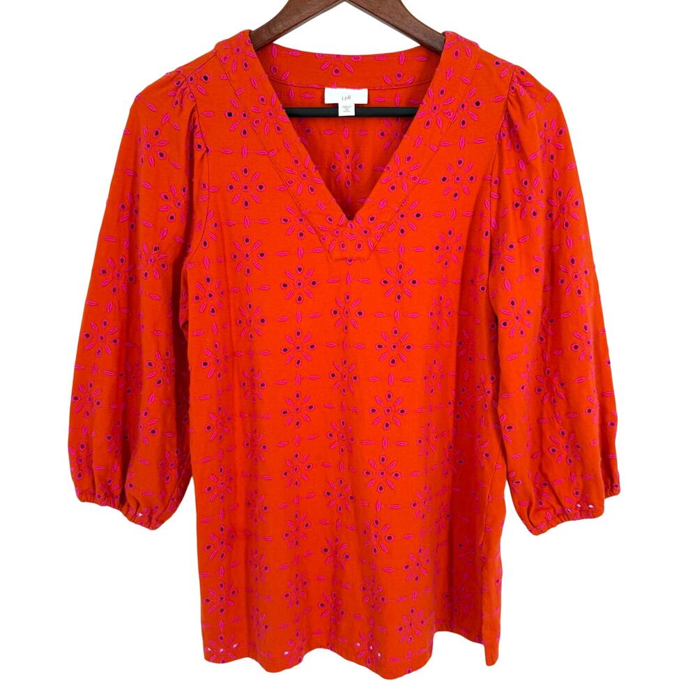J.Jill XS Petite XSP Orange Pink Tropical Floral Blouse Shirt Top Summer Beach - Picture 2 of 10